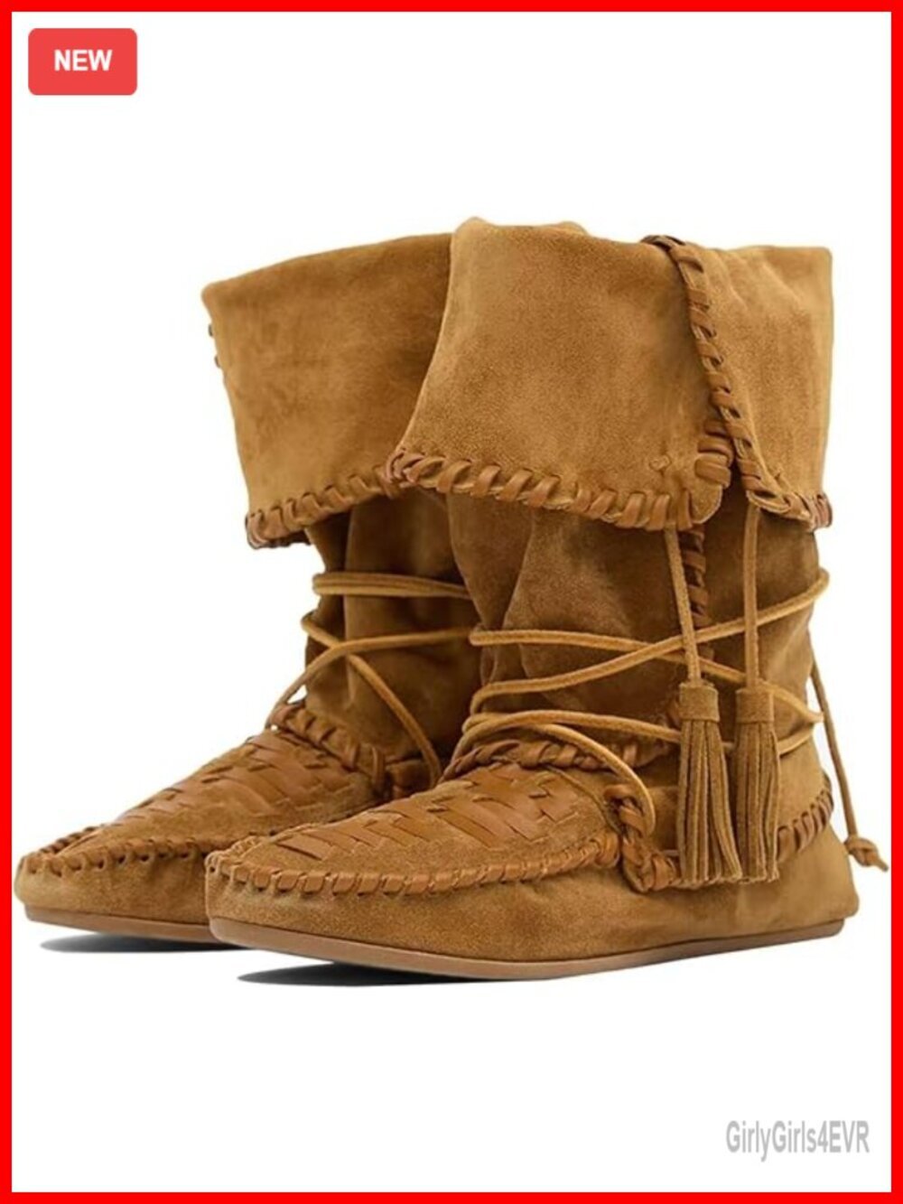 Slouchy Suede Fold Over Mid Calf Boots with Woven Fringe Western Cowboy Ankle